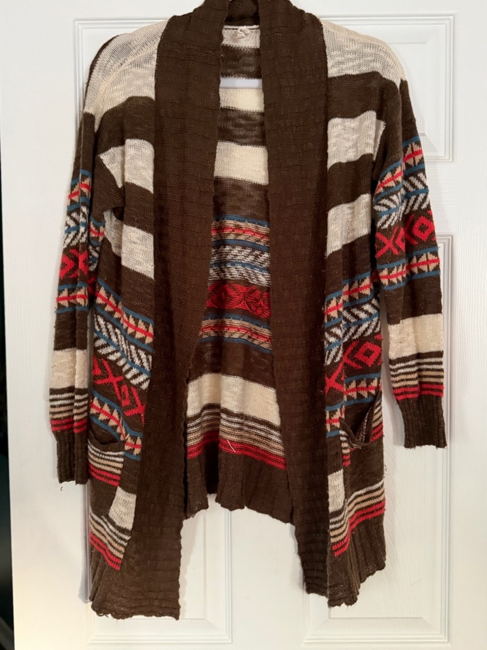Open-Front Brown Striped Aztec Cardigan Sweater